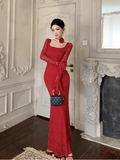 Vintage Fashion Black Square Collar Design Black A-Line Mermaid Long-sleeved Dress HZ1024