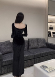 Simple Elegant Square Collar Beading Design Black Wool A-Line Long-sleeved Dress HZ1024