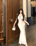 Elegant Beading Design Beige A-Line Long Banquet Halter Dress HZ1024