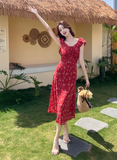 Simple Fashion Red Floral Design A-line Long High-waisted Dress HZ1024
