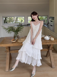 Simple Fashion White V-neck Design Lace A-line Spaghetti Strap Tiered Dress HZ1024