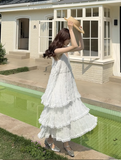 Simple Fashion White V-neck Design Lace A-line Spaghetti Strap Tiered Dress HZ1024