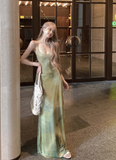 Simple Fashion Green Print Design A-line Spaghetti Strap Dress HZ1024