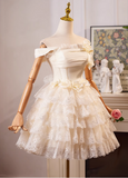 Charming Champagne Lace-edge Off-the-shoulder Design Mesh Tiered Homecoming Dress HZ1024