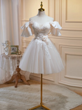 Vintage Beige 3D Flowers Beaded Design Elegant Mesh Off-the-shoulder Sleeves Homecoming Dress HZ1024