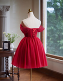 Charming Wine Red Beaded Design Elegant Mesh Off-the-shoulder Sleeves Strapless Homecoming Dress HZ1024