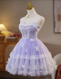 Vintage Violet Lace Design Elegant Mesh Sleeveless Strapless Homecoming Dress HZ1024