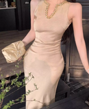 Simple Fashion Champagne Sequined Design Satin A-line Sleeveless Halter Dress HZ1024