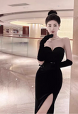 Simple Fashion Black Sleeveless Split Design Prom Dress Elegant A-line Strapless Dress HZ1024