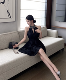 Simple Fashion Black Beading V-neck Design A-line Halter Homecoming Dress HZ1024