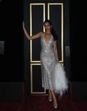 Vintage Shiny Sequin Sheath Prom Dress V-neck Evening Dress Long Formal Dress HZ1024
