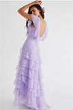 Elegant Lilac V-neck Prom Dress Lace Sheath Evening Gown Long Party Dress Tiered Formal Dress HZ1024