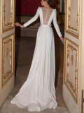 Elegant White Beaded A-Line Long-sleeve Trailing Long Wedding Dress HZ1024