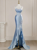 Vintage Sky Blue Applique Sequin Sheath Sweetheart Satin Evening Gown Spaghetti Strap Party Dress Slit Ruffled Long Formal Dress HZ1024