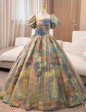 Vintage Court Retro Style Sweet 16 Quinceanera 3D Flowers Short-sleeved Evening Dress Long Ball Gown HZ1024