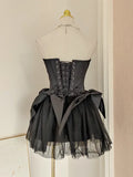 Retro Black A-line Strapless Lace-up Homecoming Dresses Short Satin 16th Birthday Dress HZ1024