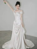 Retro Off-the-shoulder Floor Length Design Elegant Satin A-Line Wedding Dress HZ1024