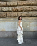 Enchanting White Strapless Ruffles High Slit Long Prom Dress Evening Dress HZ1024