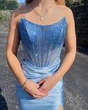 Fashion Light Blue Sequined Beaded Design Short Strapless Homecoming Dress HZ1024