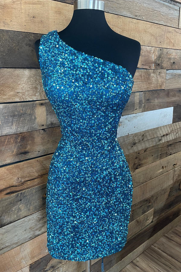 Sparkle Blue Sequined One-shoulder Dress Design A-line Short Bodycon Homecoming Dress HZ1024