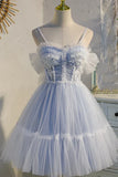 Sweet Light Blue Lace Appliques Design A-line Tulle Short Spaghetti Strap Homecoming Dress HZ1024