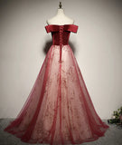 Red Off Shoulder Tulle A-line Long Formal Dress, Red Tulle Prom Dress HZ1024