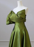 Green One-Shoulder Short Sleeves Backless Sweep Train Prom Dress, Green Party Dress HZ1024
