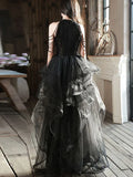 A-line Sequins with Tulle Wine Red Long Party Dress, Wine Red Halter Prom Dress HZ1024