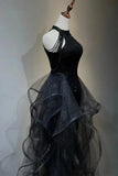 A-line Sequins with Tulle Wine Red Long Party Dress, Wine Red Halter Prom Dress HZ1024