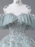 Glam Blue Tulle Sequins Lace Round Neckline Long Prom Dress, Blue Wedding Party Dress HZ1024