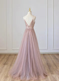 Lovely Pink V-neckline Beaded Straps Floor Length Party Dress, Pink Long Prom Dress HZ1024
