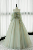 Light Green Off Shoulder Tulle with Lace Long Formal Dress, Light Green A-line Prom Dress HZ1024