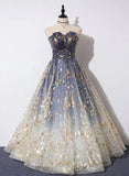 Blue Tulle A-line Gradient Long Formal Dress, A-line Blue Evening Dress Prom Dress HZ1024