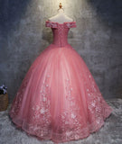 Dark Pink Princess Flowers Off Shoulder Sweet 16 Dress, Pink Formal Gown HZ1024