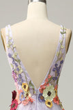 A Line Deep V Neck Lavender Long Prom Dress with Appliques HZ1024
