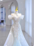 White Strapless Heart Shaped Neckline Beaded Tulle Mermaid Floor Length Wedding Dresses HZ1024