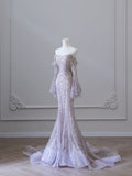 Purple Strapless Long Sleeve Mermaid Floor Length Dress HZ1024