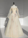 Champagne Strapless A-Line Long Sleeve Heart Neck Tulle Long Evening Dresses HZ1024