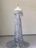 Gray A-Line Round Neck Midi Sleeve Sparkling Slim Floor Length Dress HZ1024