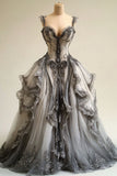 Vintage Gray A-Line Heart Neck Spaghetti Strap Lace Trimmed Tulle Long Prom Dresses HZ1024
