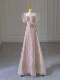 Pink A-Line Short Sleeve Glitter Tulle Long Prom Dresses HZ1024