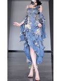 Chic Tailored Spaghetti Straps Blue 3D Flower Long Gowns HZ1024