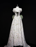 White A-Line Floral Strapless Strapless Bowknot Floor Length Prom Dresses HZ1024
