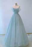 Blue A-line Strapless Embroidered Tulle Long Evening Dresses HZ1024