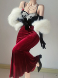 Sexy Burgundy Mermaid Spaghetti Strap Velvet Long Prom Dresses HZ1024