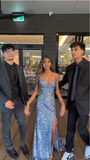 Blue spaghetti strap mermaid sequined side slit long prom dress HZ1024