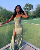 Green A-line satin high slit strapless ball gown evening dress HZ1024