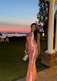 Simple Pink Mermaid Collarless Sleeveless Satin Ball Gown Evening Dress HZ1024