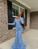 Chic Blue Mermaid Long Sleeve Butterfly Lace Floor-Mounting Ball Gown Evening Dress HZ1024