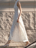 Simple A-Line High Neck Sleeveless Lace Formal Dress Evening Gown HZ1024